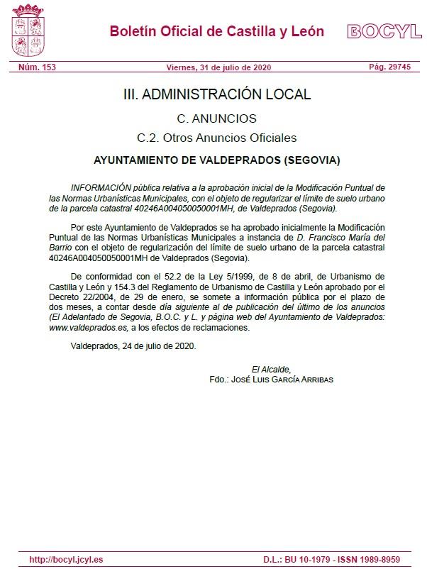 Imagen Exposición pública modificación NUM de Valdeprados